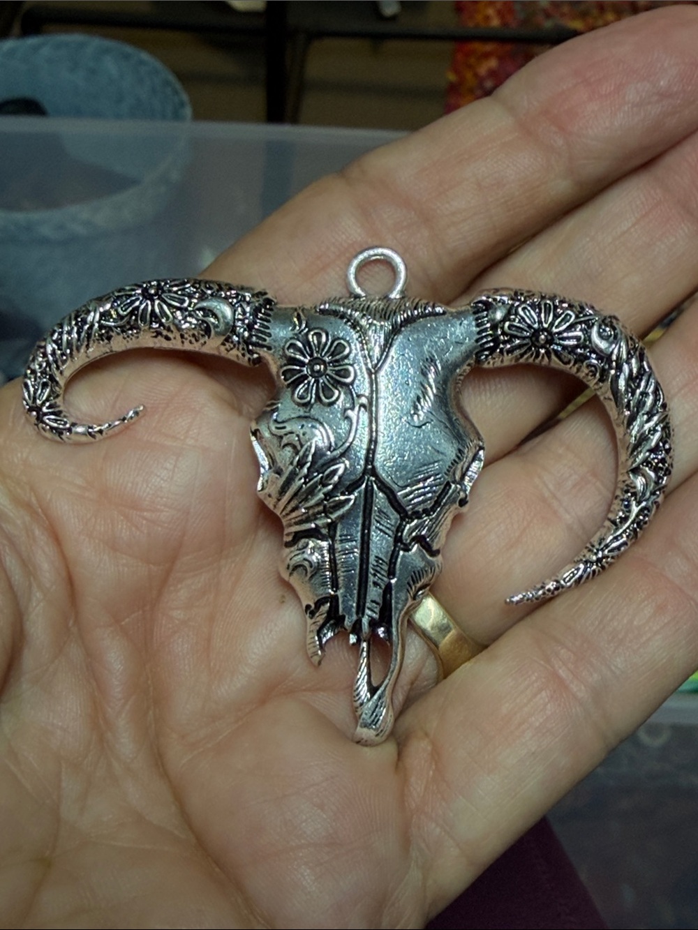 Ornate Silver Floral Bull Skull Pendant Necklace
